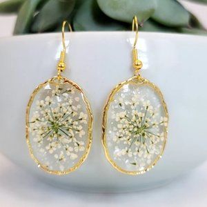 Handmade Earrings, Pressed Baby's Breath, Resin Earrings, Floral